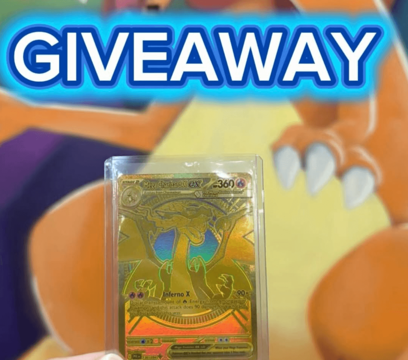 Example Friday giveaway prize — gold Mega Charizard X ex card